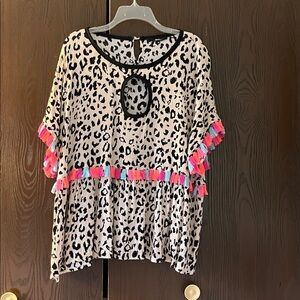Andree small  sleeved animal print top with colored tassels. Size 2X